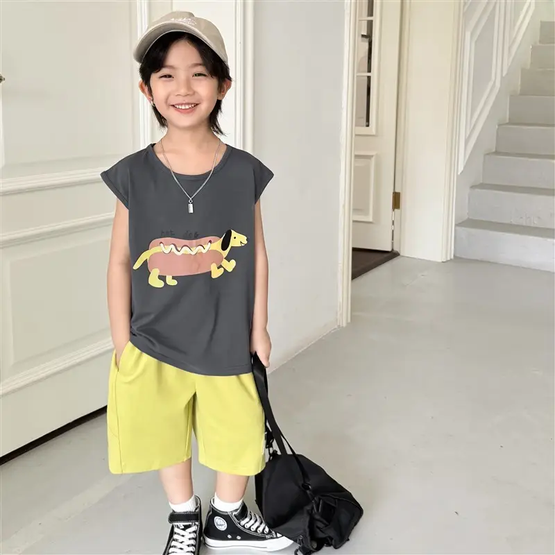 Kids Sleeveless Vest T-Shirt Korean Style Cartoon Print Orange - Image 3