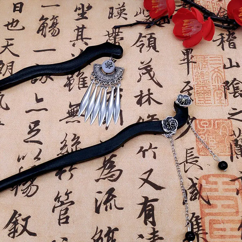 Ethnic Style Seedling Silver Flower Tassel Wood Hairpin - Image 4