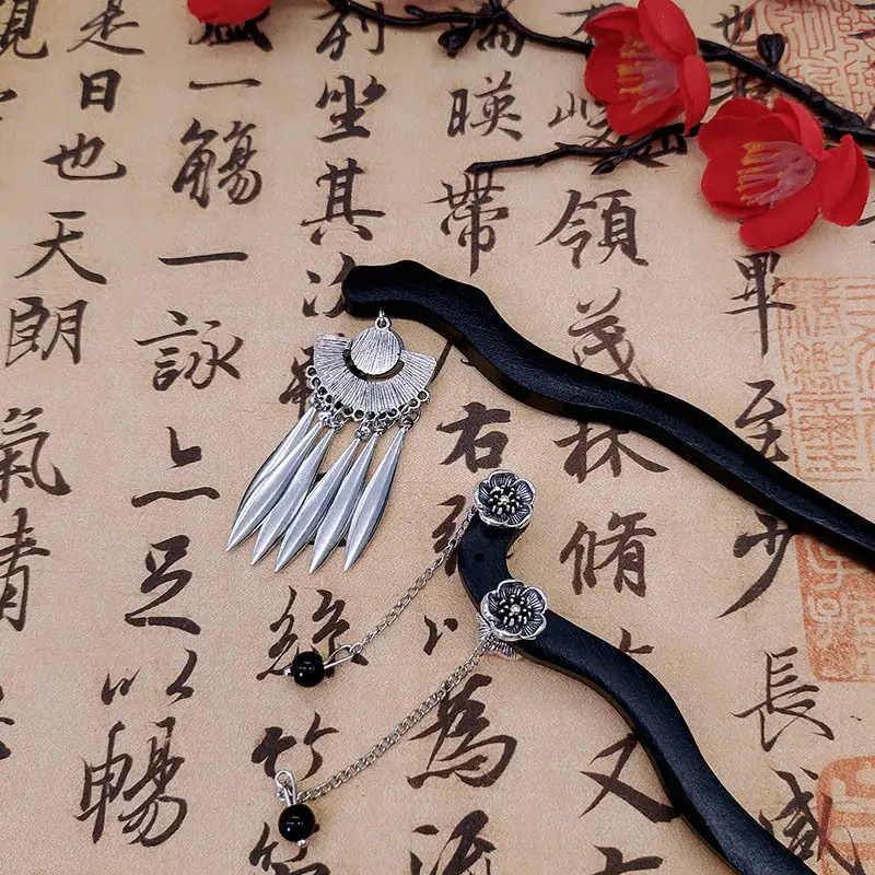 Ethnic Style Seedling Silver Flower Tassel Wood Hairpin - Image 5