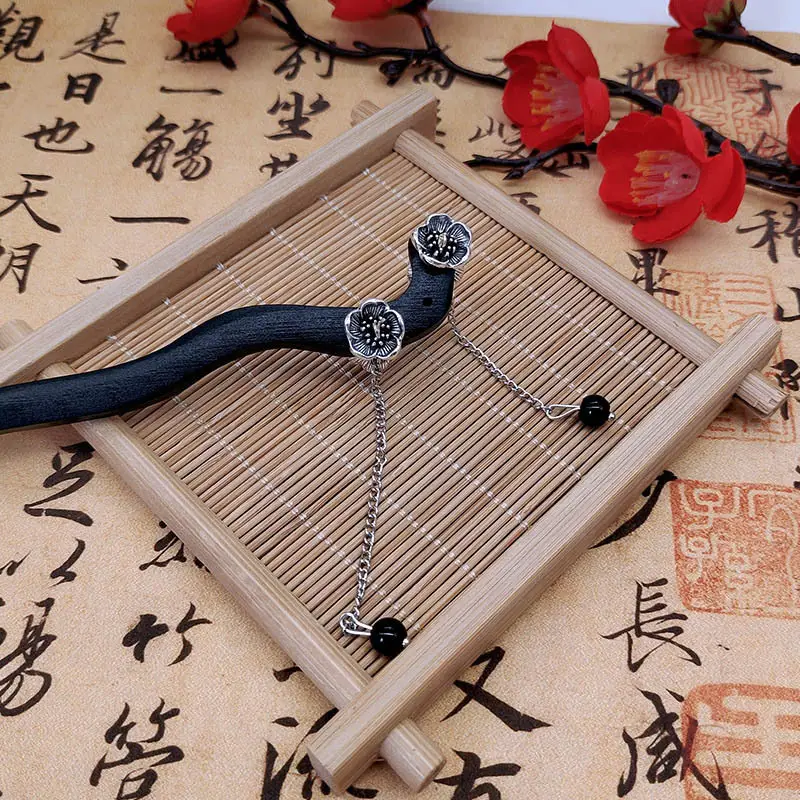 Ethnic Style Seedling Silver Flower Tassel Wood Hairpin — feature 5
