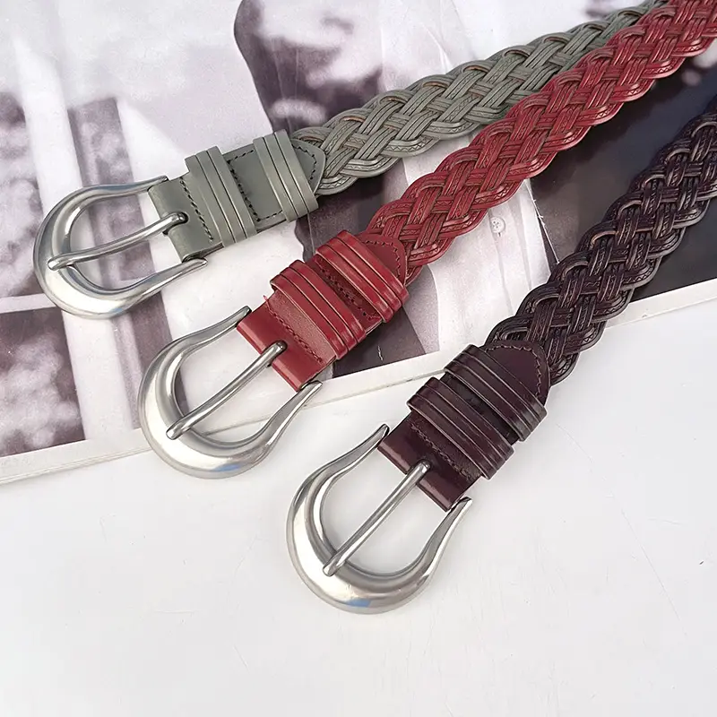Red Braided Women's Belt for Casual Pants Jeans