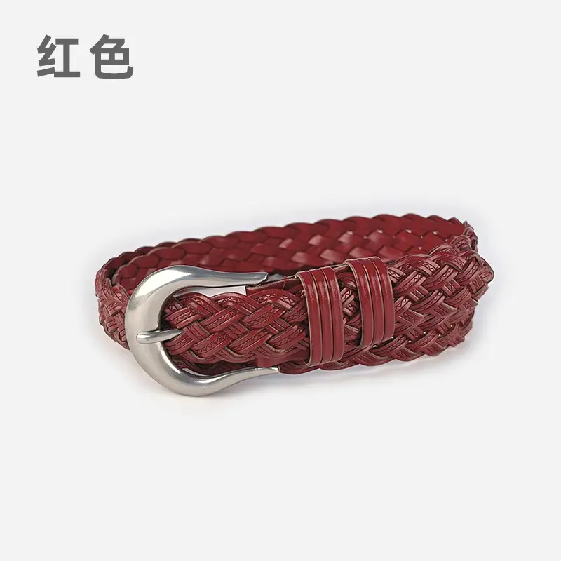 Red Braided Women's Belt for Casual Pants Jeans