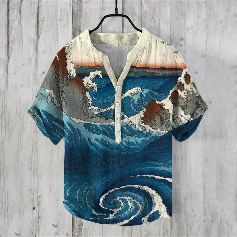 2024 Ukiyo-e Print 3-breast Shirt for Men Black - Image 17