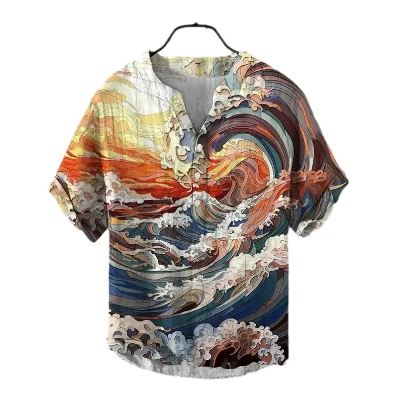 2024 Ukiyo-e Print 3-breast Shirt for Men Black - Image 19
