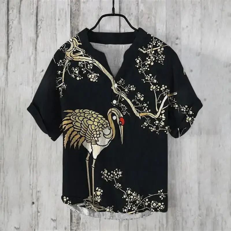 2024 Ukiyo-e Print 3-breast Shirt for Men Black — feature 2