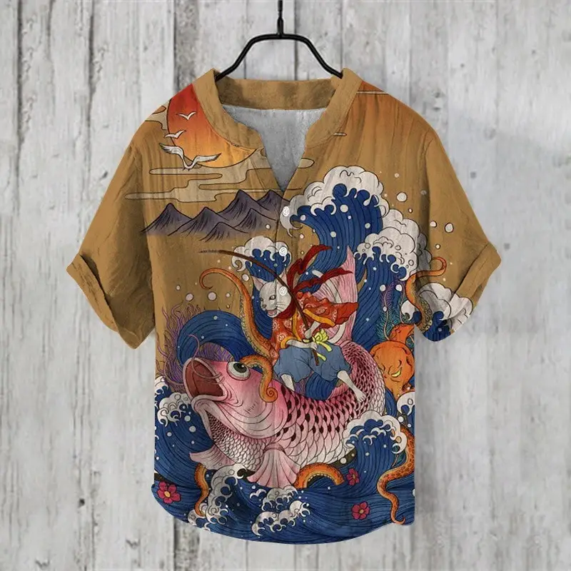 2024 Ukiyo-e Print 3-breast Shirt for Men Black - Image 10