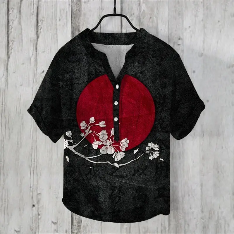 2024 Ukiyo-e Print 3-breast Shirt for Men Black - Image 11