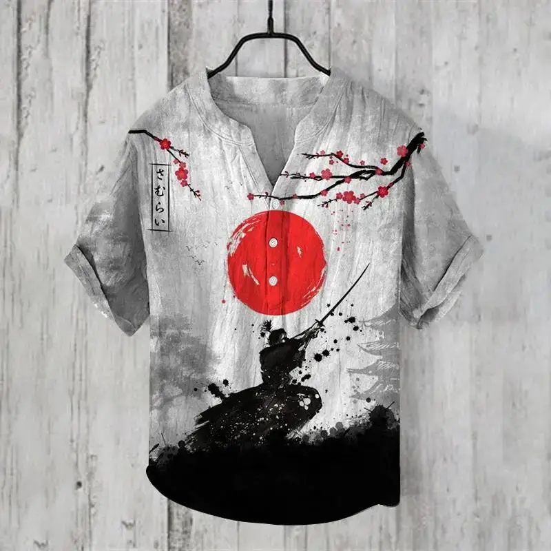 2024 Ukiyo-e Print 3-breast Shirt for Men Black - Image 14