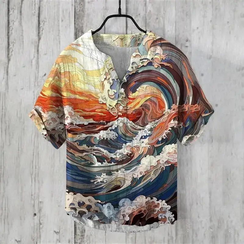 2024 Ukiyo-e Print 3-breast Shirt for Men Black - Image 2