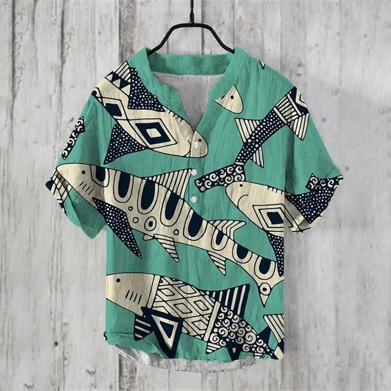 2024 Ukiyo-e Print 3-breast Shirt for Men Black - Image 4