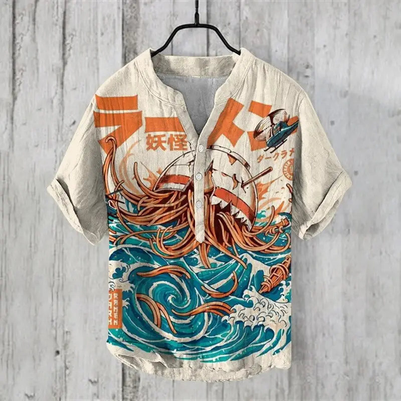 2024 Ukiyo-e Print 3-breast Shirt for Men Black - Image 7