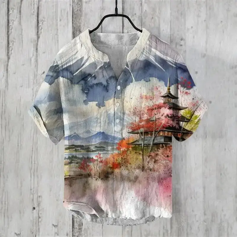 2024 Ukiyo-e Print 3-breast Shirt for Men Black - Image 8