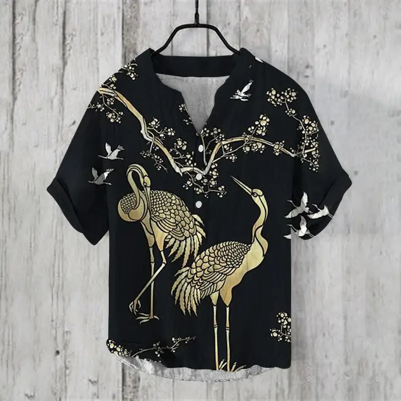 2024 Ukiyo-e Print 3-breast Shirt for Men Black - Image 9