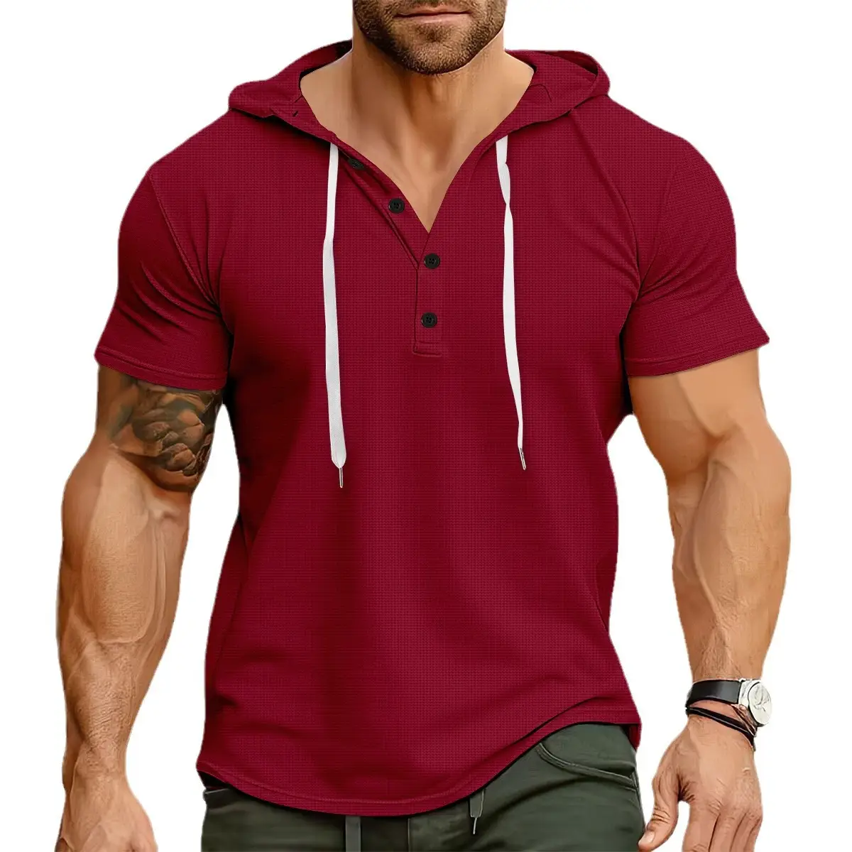 Men's Navy Blue Hooded Pullover T-Shirt Slim Fit - Image 10