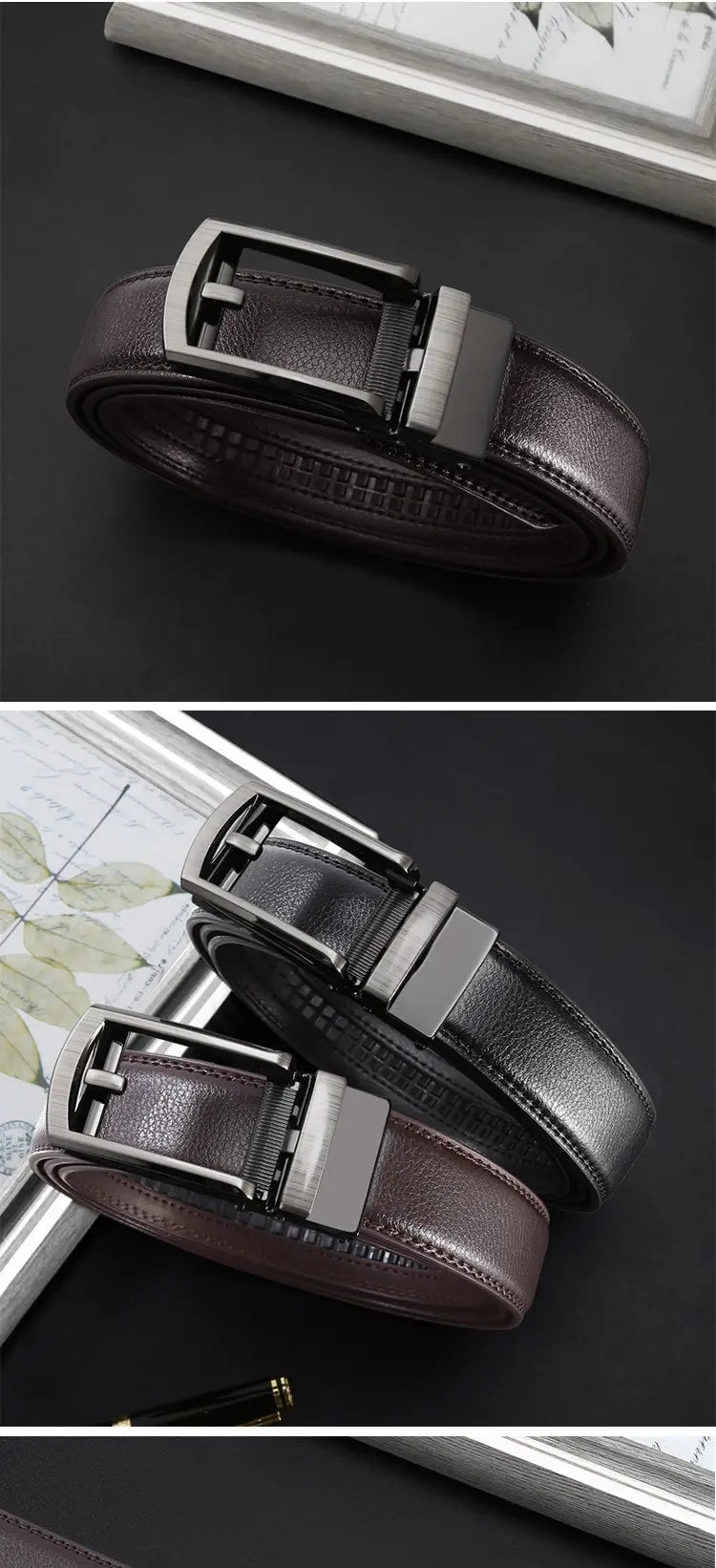 Men's Black Leather Belt with Silver Buckle — feature 8