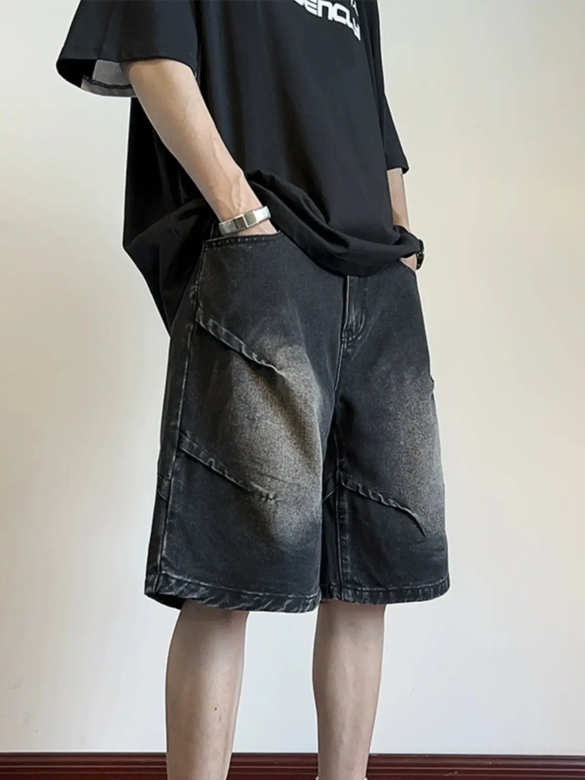 Men Pleated Gradient Denim Shorts 2024 New - Image 5