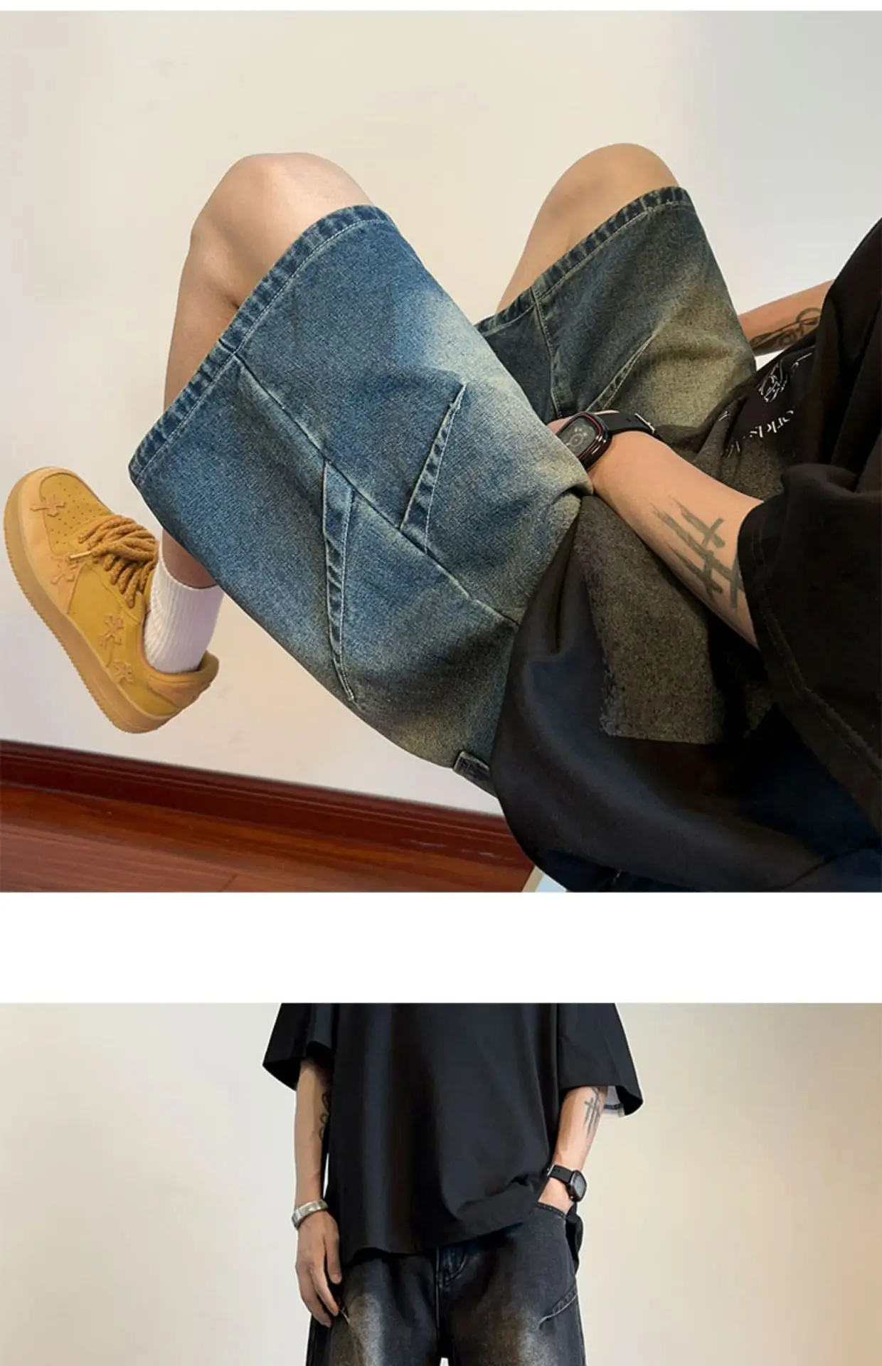 Men Pleated Gradient Denim Shorts 2024 New — feature 10