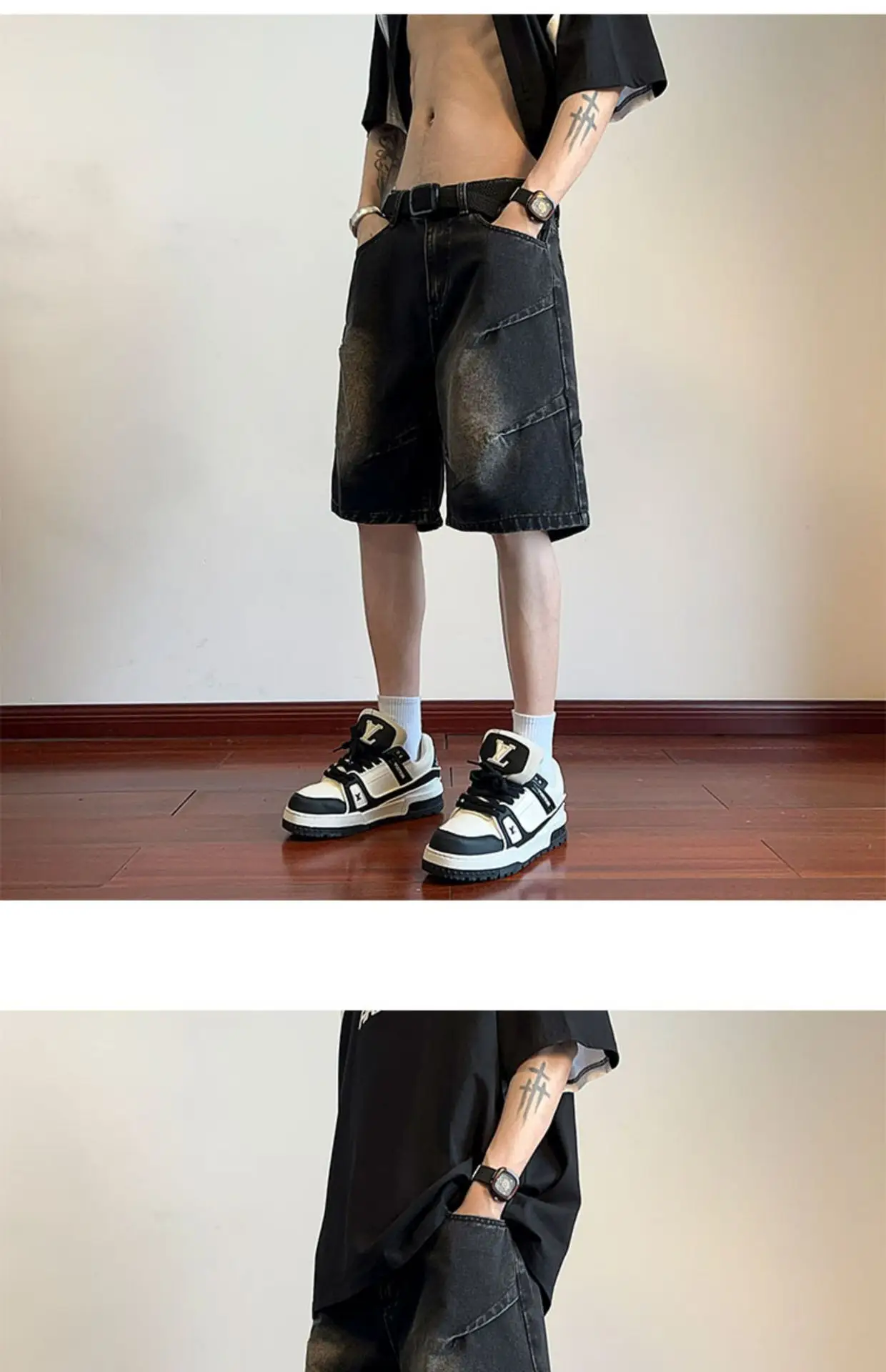 Men Pleated Gradient Denim Shorts 2024 New — feature 12