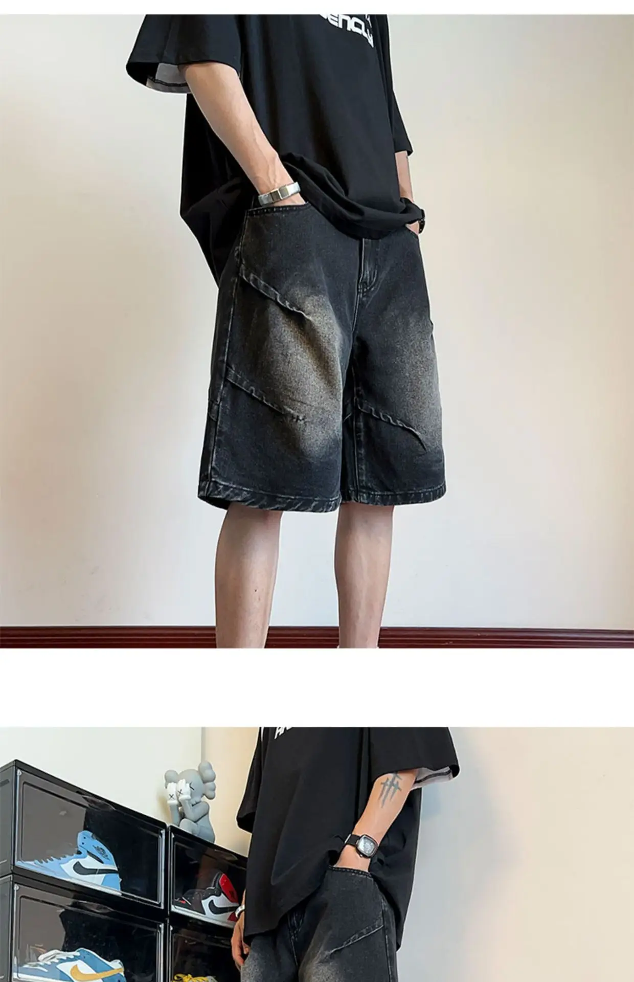 Men Pleated Gradient Denim Shorts 2024 New — feature 16
