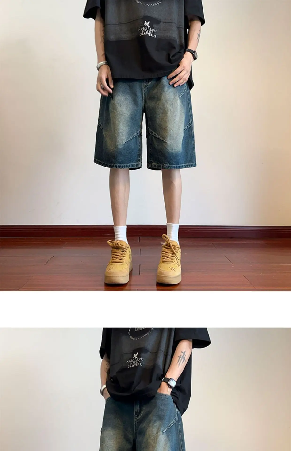 Men Pleated Gradient Denim Shorts 2024 New — feature 2
