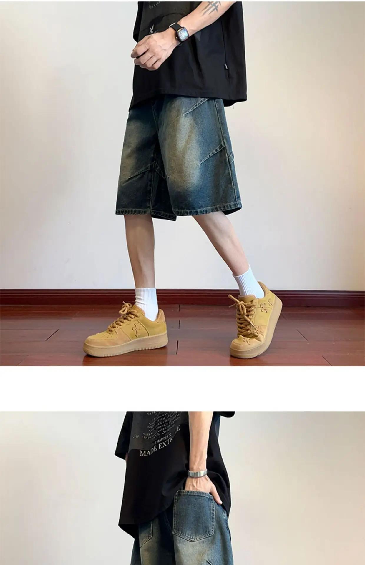 Men Pleated Gradient Denim Shorts 2024 New — feature 4