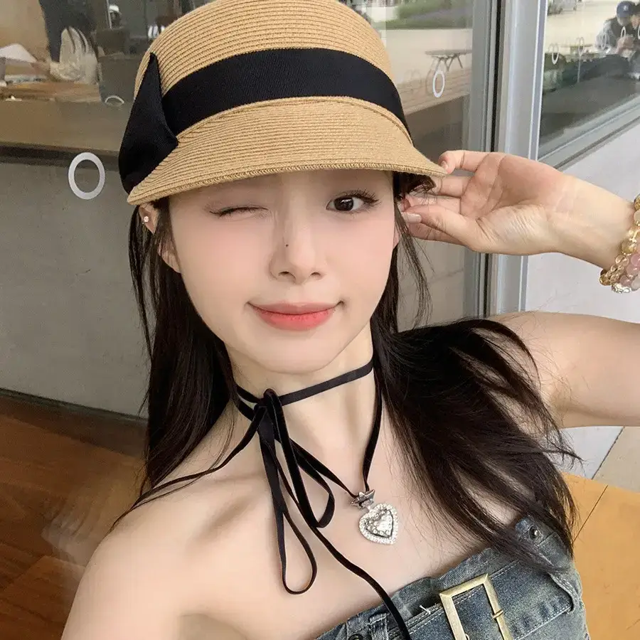 Women Straw Equestrian Hat with Bow & Sunshade - Image 4