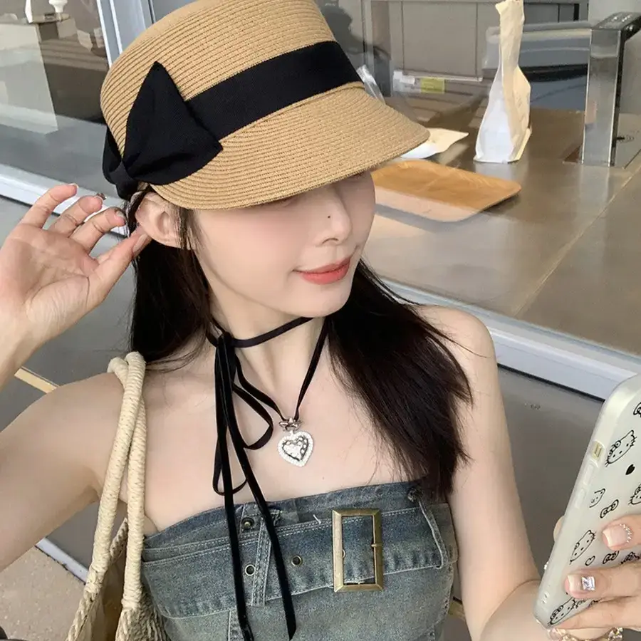 Women Straw Equestrian Hat with Bow & Sunshade - Image 6