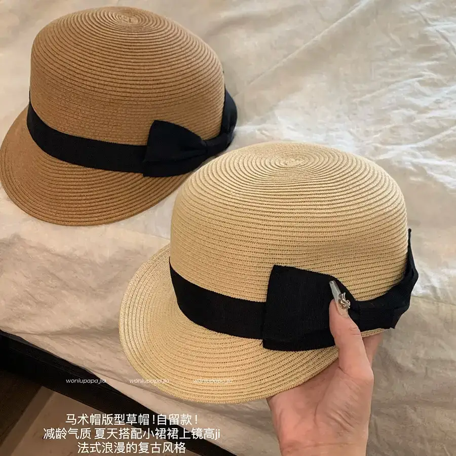 Women Straw Equestrian Hat with Bow & Sunshade - Image 7