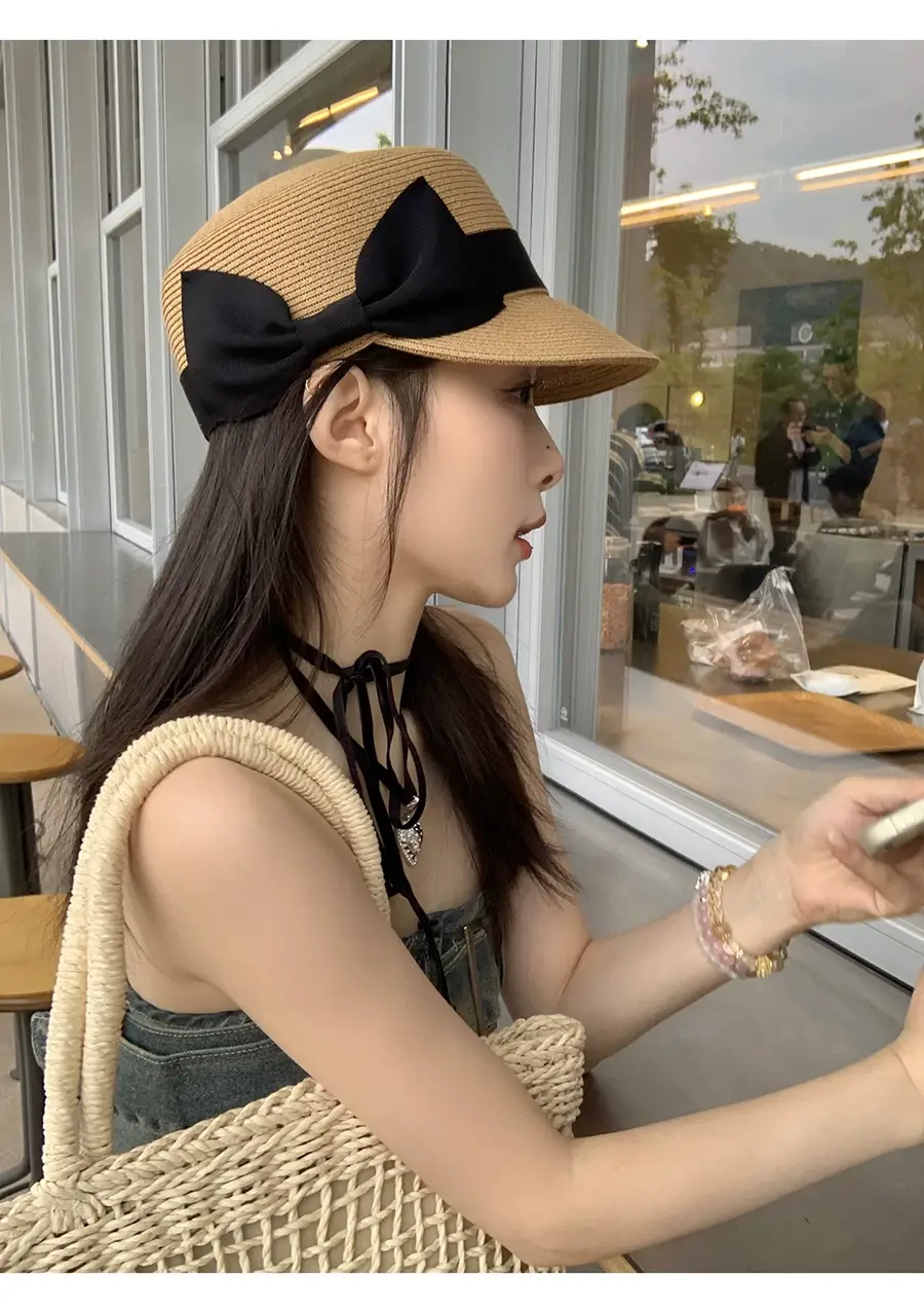 Women Straw Equestrian Hat with Bow & Sunshade — feature 14