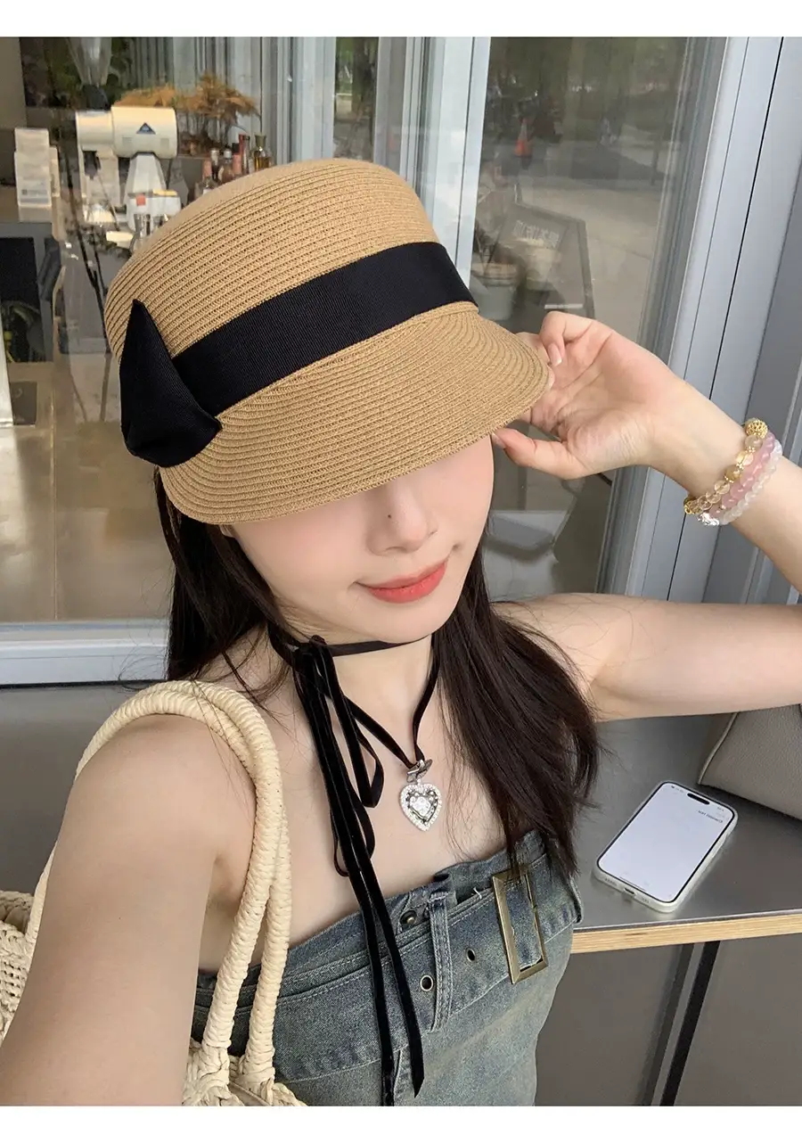 Women Straw Equestrian Hat with Bow & Sunshade — feature 15
