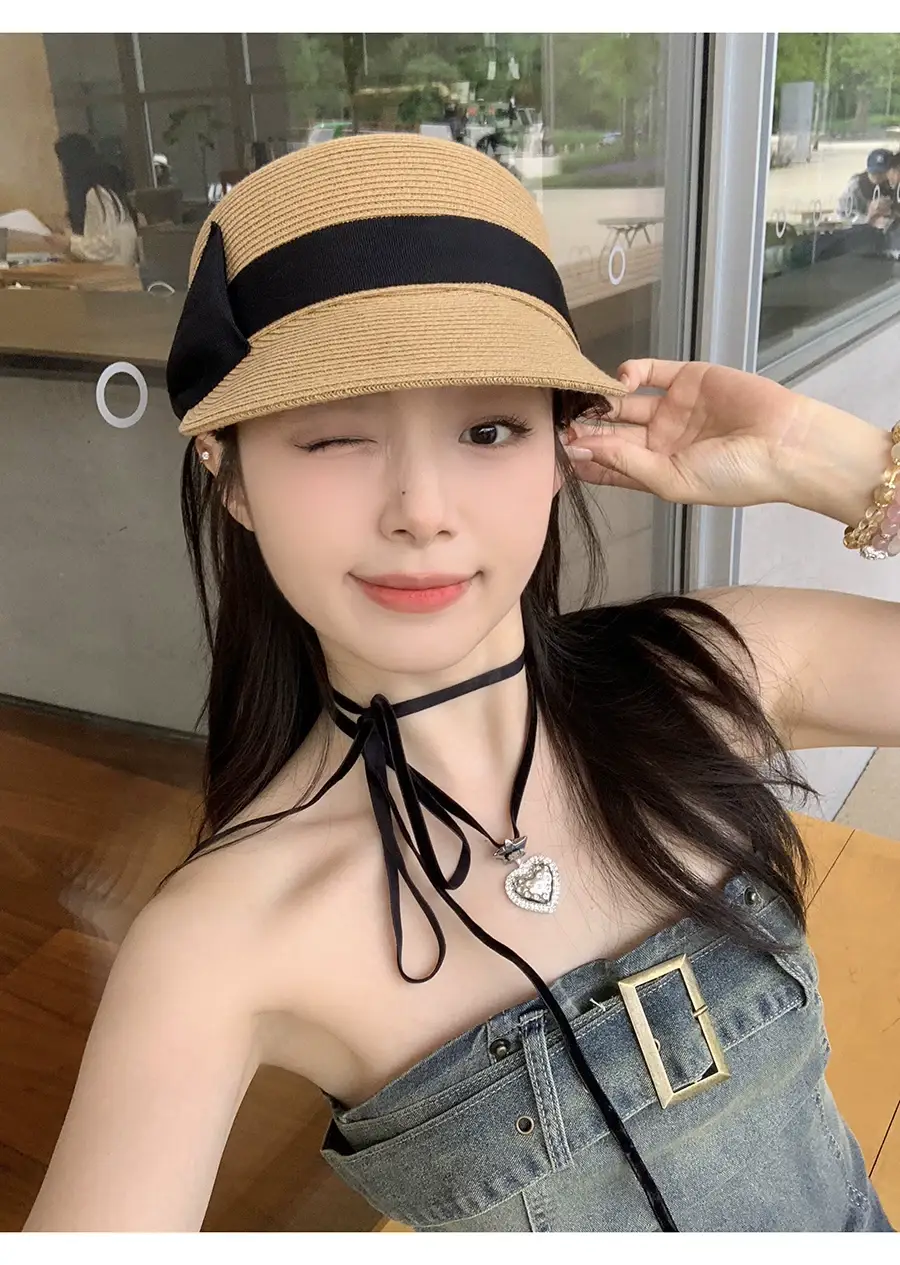 Women Straw Equestrian Hat with Bow & Sunshade — feature 8