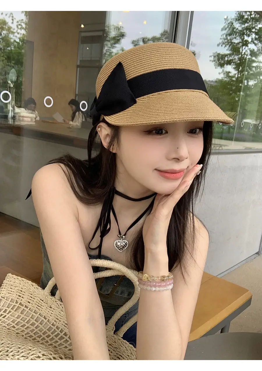 Women Straw Equestrian Hat with Bow & Sunshade — feature 9