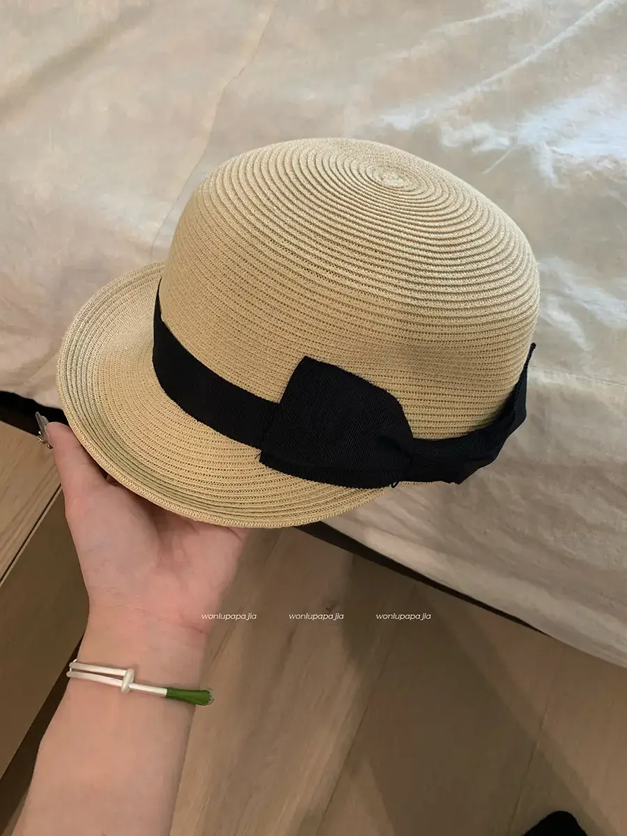 Women Straw Equestrian Hat with Bow & Sunshade - Image 2