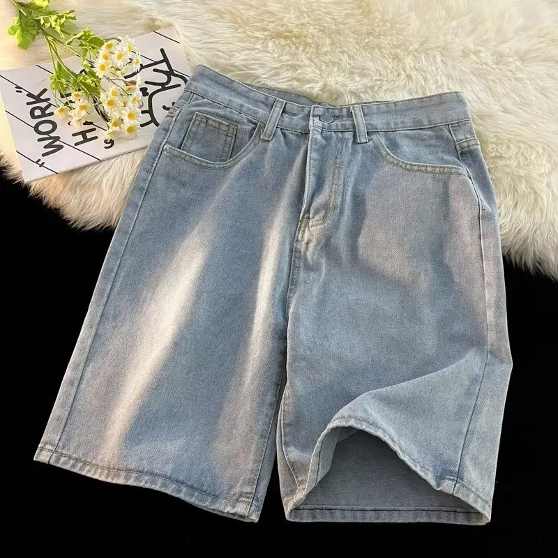 Men's Dark Wash Denim Shorts High Waist Drawstring Casual