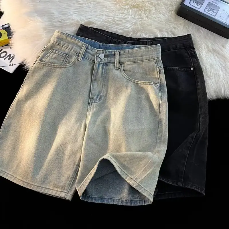 Men's Dark Wash Denim Shorts High Waist Drawstring Casual