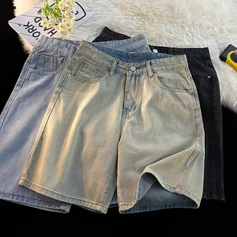 Men's Dark Wash Denim Shorts High Waist Drawstring Casual — feature 12