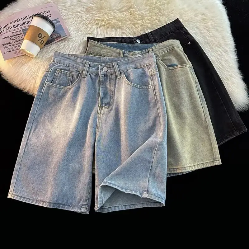 Men's Dark Wash Denim Shorts High Waist Drawstring Casual — feature 2