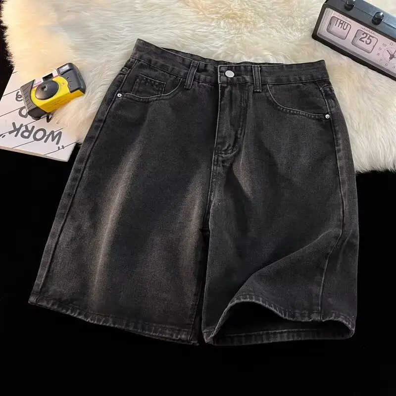 Men's Dark Wash Denim Shorts High Waist Drawstring Casual — feature 3