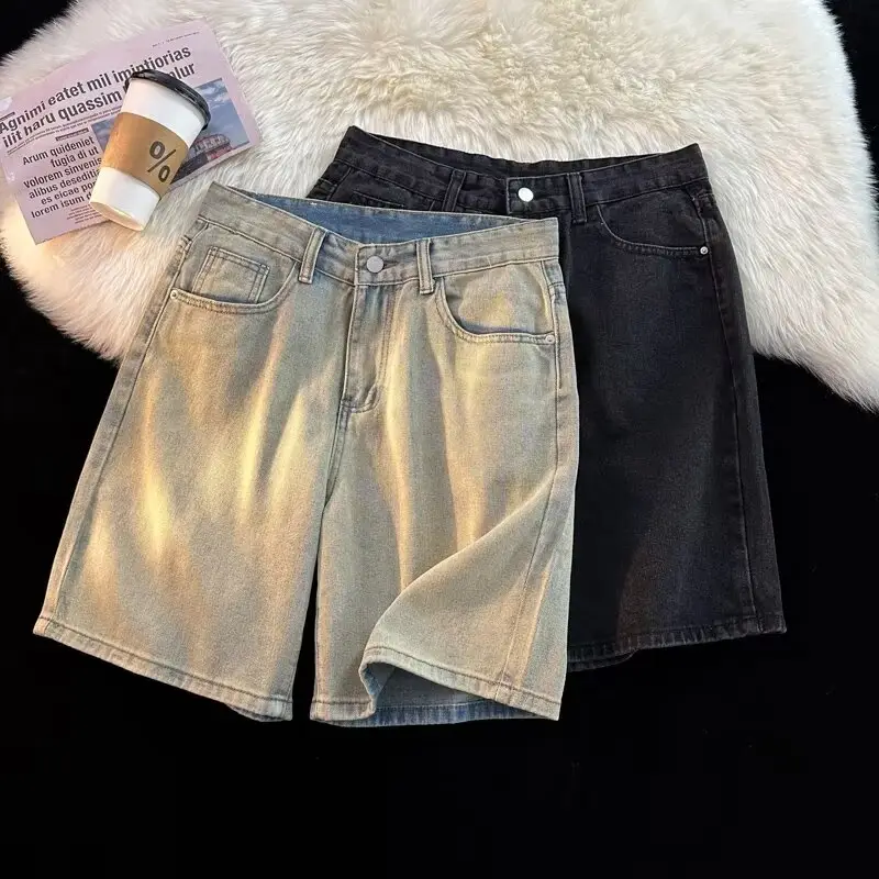 Men's Dark Wash Denim Shorts High Waist Drawstring Casual — feature 37