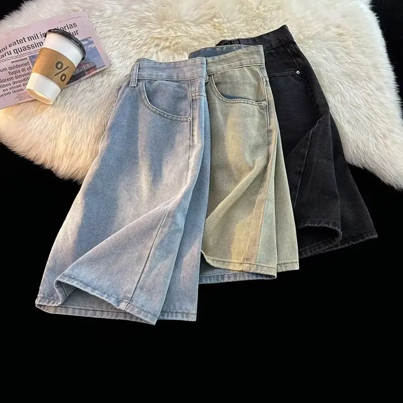 Men's Dark Wash Denim Shorts High Waist Drawstring Casual — feature 40
