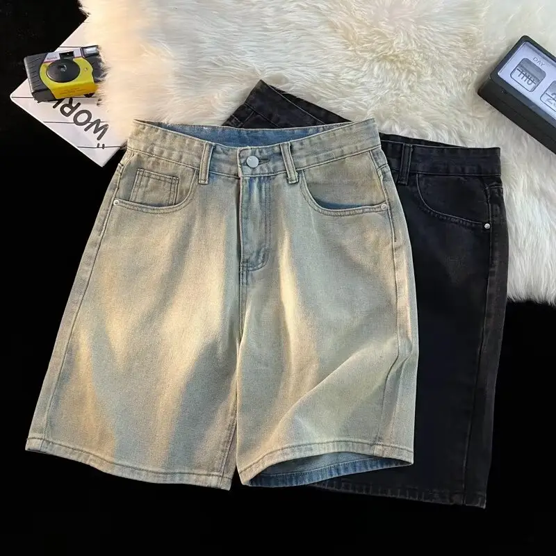 Men's Dark Wash Denim Shorts High Waist Drawstring Casual — feature 5