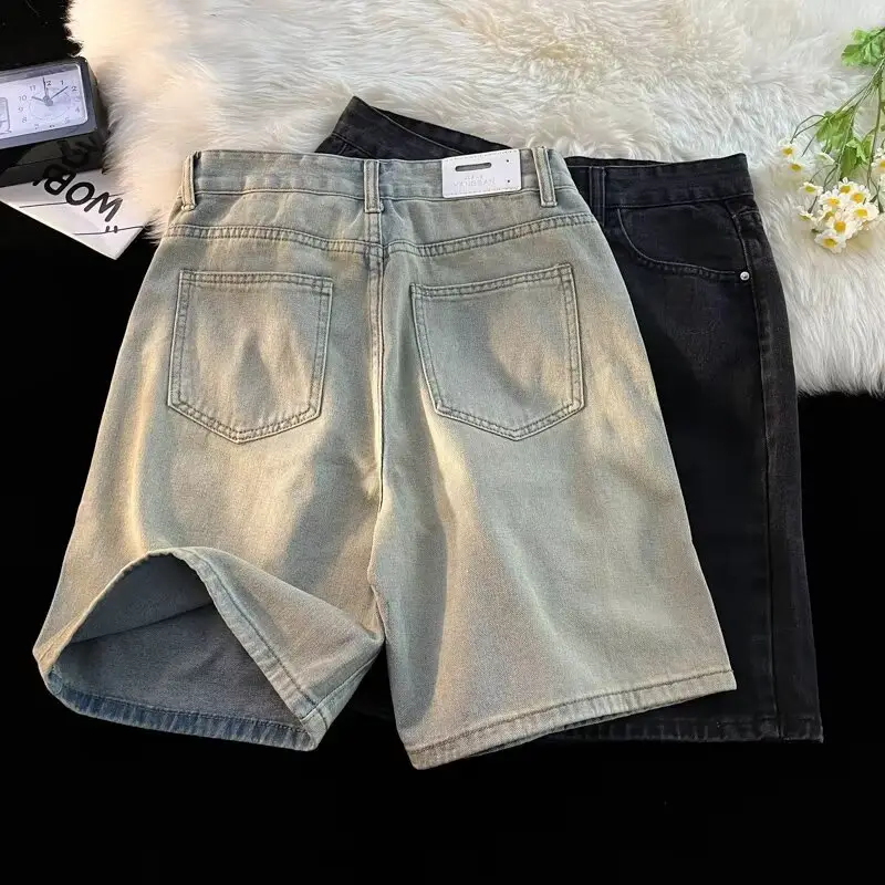 Men's Dark Wash Denim Shorts High Waist Drawstring Casual — feature 6