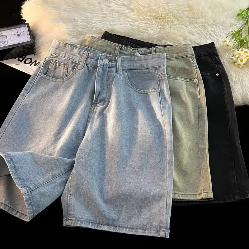 Men's Dark Wash Denim Shorts High Waist Drawstring Casual — feature 7