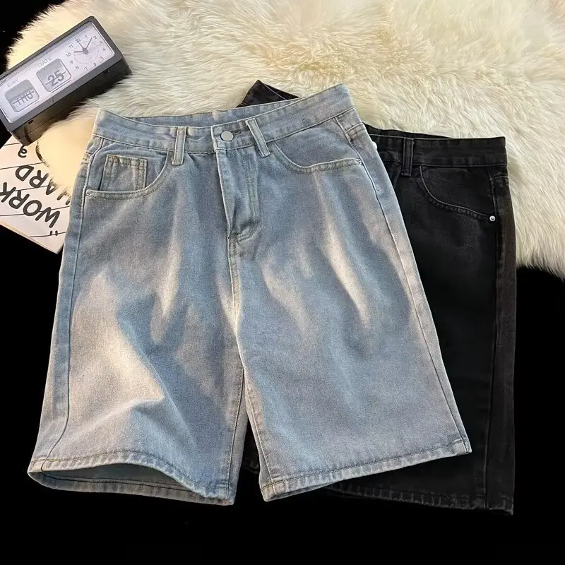 Men's Dark Wash Denim Shorts High Waist Drawstring Casual — feature 8