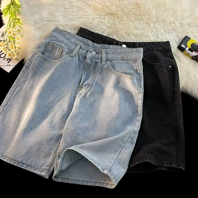 Men's Dark Wash Denim Shorts High Waist Drawstring Casual — feature 9