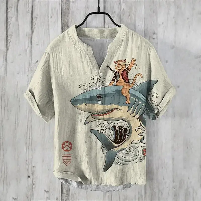 Anime Print V Neck Men's 3-Breasted Shirt — feature 4