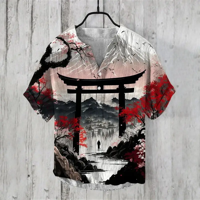 Anime Print V Neck Men's 3-Breasted Shirt - Image 10