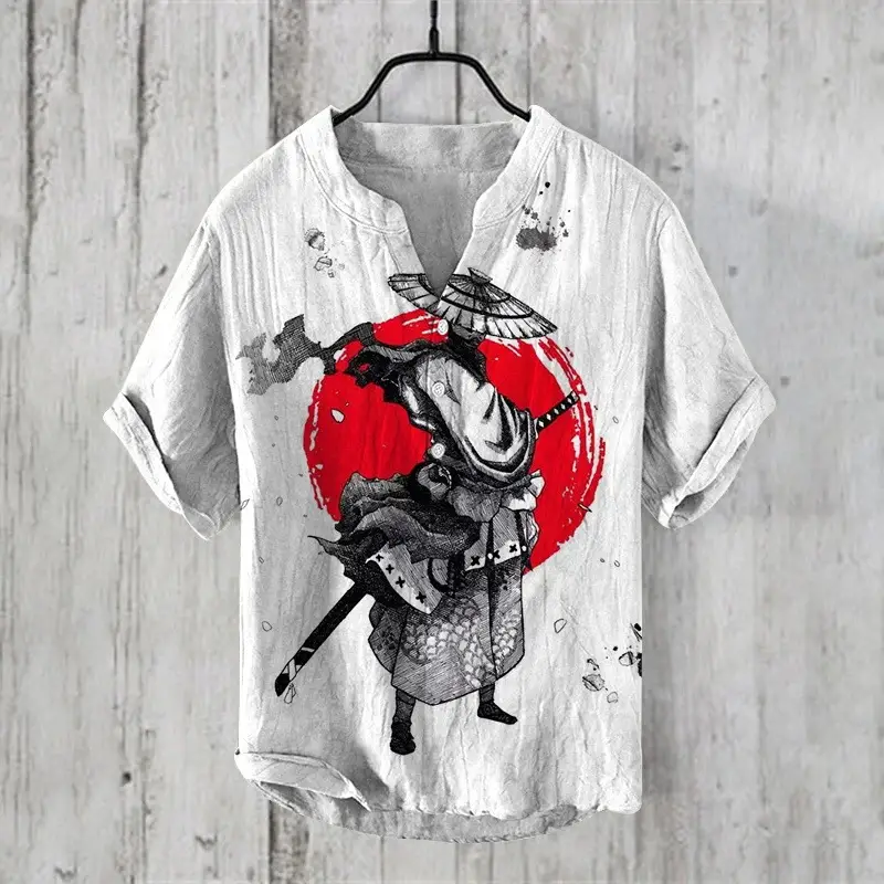 Anime Print V Neck Men's 3-Breasted Shirt - Image 14