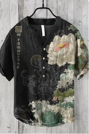 Anime Print V Neck Men's 3-Breasted Shirt - Image 18