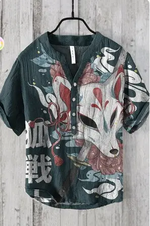 Anime Print V Neck Men's 3-Breasted Shirt - Image 19